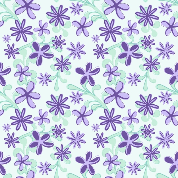 Vector patrón de flores verdes y púrpuras dibujadas a mano sin costuras