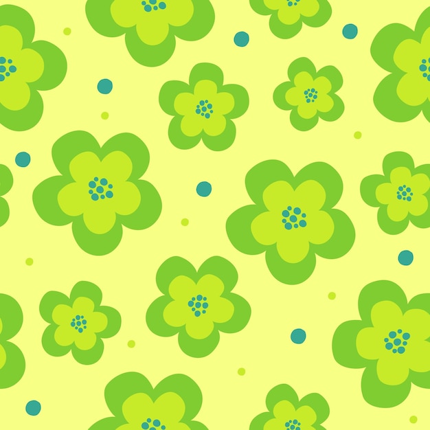 Patrón de flores verdes sobre un fondo amarillo en estilo de dibujos animados vector