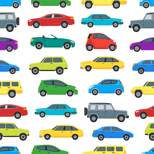 Patrón de fondo de coches de dibujos animados en un vector blanco