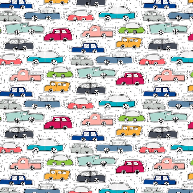 Patrón con el fondo dibujado mano de los coches del doodle.
