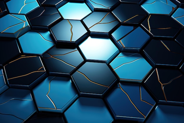 Vector patrón de fondo de hexágonos abstractos brillantes en negro y azul en la superficie del metal plateado renderizado en 3d