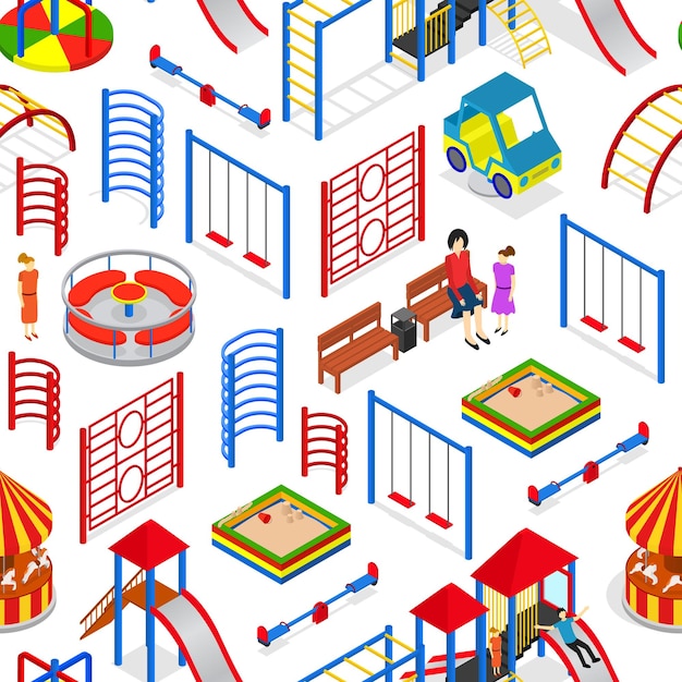 Patrón de fondo de patio de juegos para niños en un vector de vista isométrica blanca
