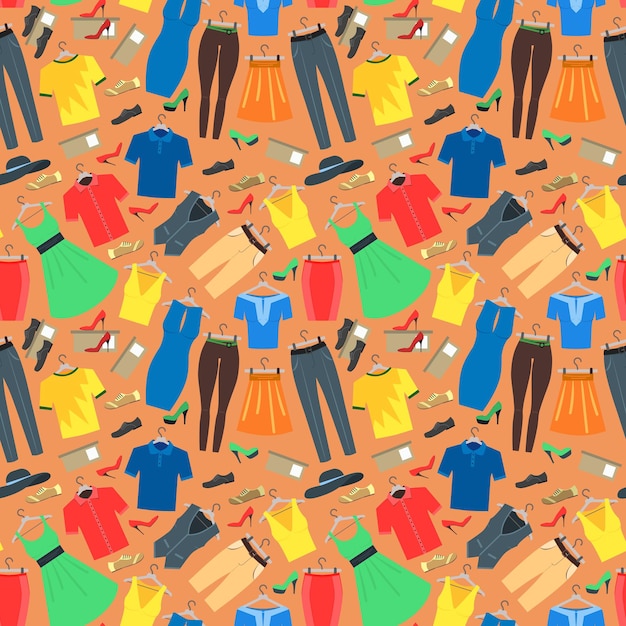 Patrón de fondo de ropa de hombre y mujer de dibujos animados para tienda. estilo de diseño plano. ilustración vectorial | Vector Premium Patrón de fondo de ropa de hombre y mujer de dibujos animados para tienda. estilo de diseño plano. ilustración vectorial | Vector Premium