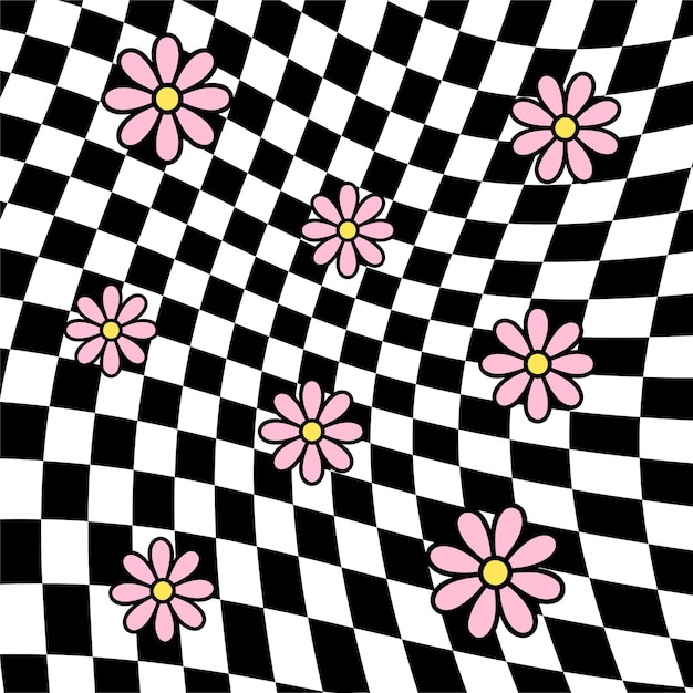 patrón de fondo de tablero de ajedrez psicodélico maravilloso retro blanco y negro con flores de margarita rosa vector ilustración