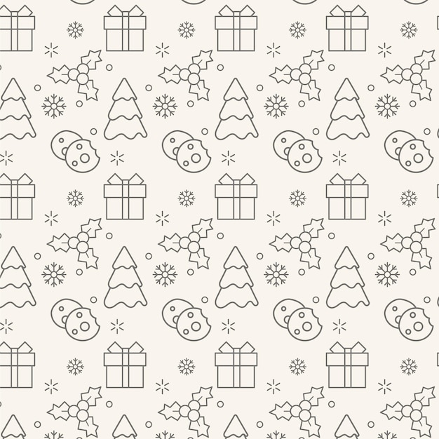 Patrón de fondo transparente feliz Navidad feliz año nuevo. Garabatos de ilustración vectorial, arte lineal