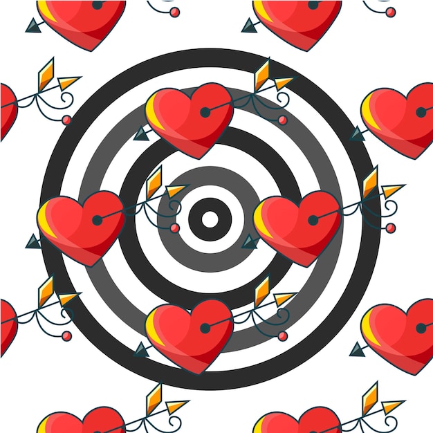 Patrón de fondo transparente con un objetivo de corazones rojos atravesado por una ilustración de vector de flecha