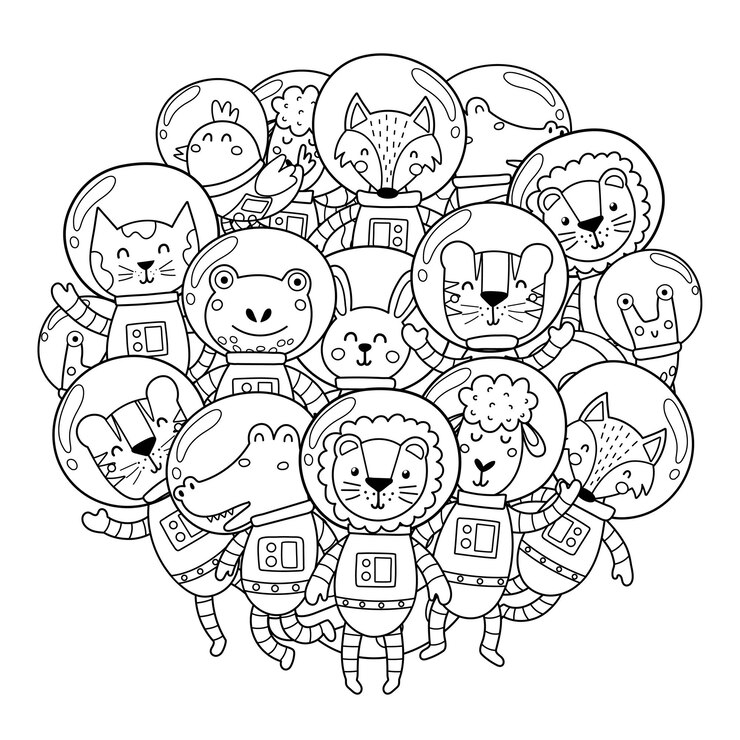 Vector patrón de forma de círculo de animales espaciales para colorear libro. lindos animales astronautas en trajes espaciales para colorear
