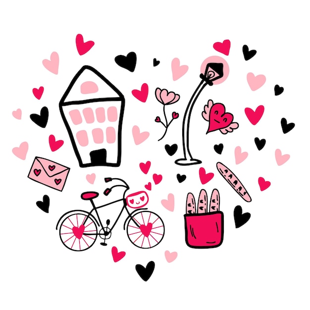 Patrón en forma de corazón dibujado a mano para el día de san valentín con baguettes y bicicleta impresión perfecta para camisetas pegatinas carteles tarjetas ilustración vectorial para decoración y diseño