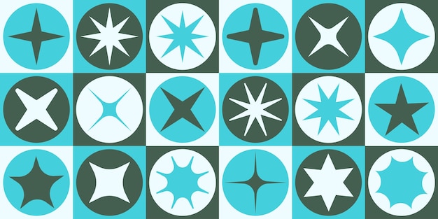 Patrón de forma de moda Y2K con estrellas y destellos en mosaicos de colores geométricos de los años 2000