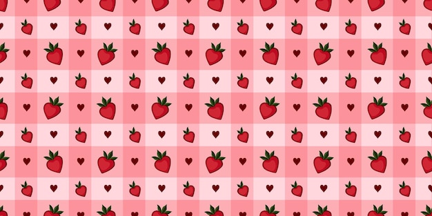 Patrón de fresa y corazón sin costuras sobre un fondo rosado a cuadros