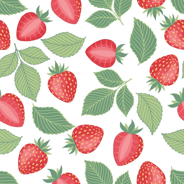Patrón de fresas colorido patrón de vector transparente con bayas de verano dibujadas a mano fruta rosa y roja buena como ilustraciones de dibujos animados de colores de impresión de tela