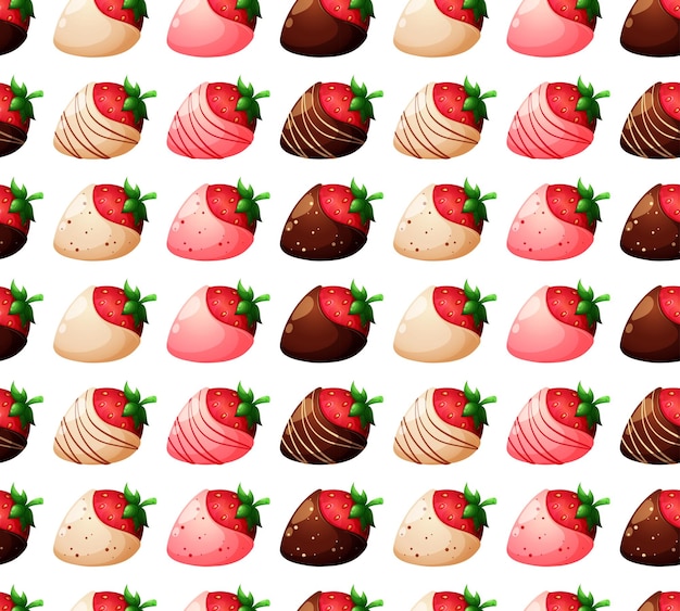 Patrón con fresas de dibujos animados en chocolate blanco y rosa oscuro sobre fondo blanco