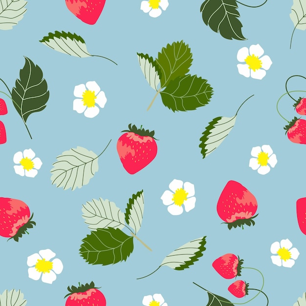 Patrón de fresas y hojas. tela de fresa sin inconvenientes, diseño de banner web. frutos rojos en un