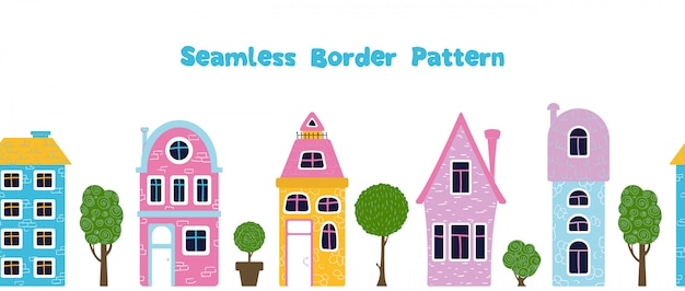 Patrón de frontera inconsútil con casas de dibujos animados, trres,