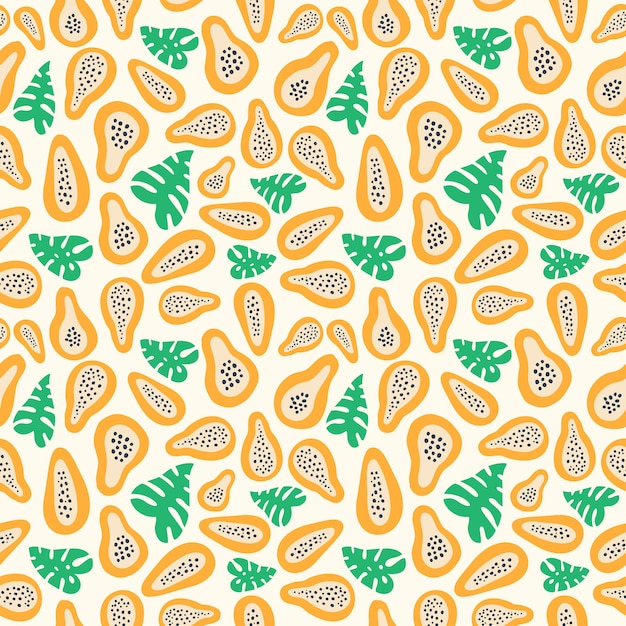 Patrón de fruta abstracta con papaya. tropical de patrones sin fisuras con papaya y hojas de palma en estilo simple dibujado a mano. color brillante en la ilustración vectorial. adorno para textil y envoltura.