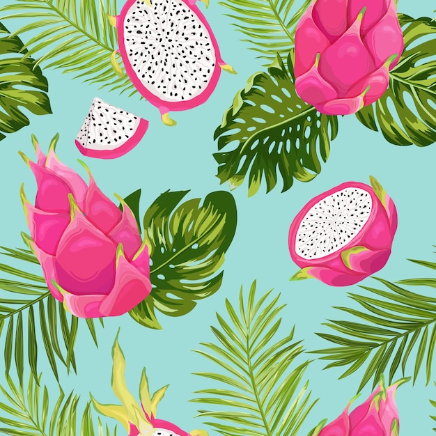 Patrón de fruta de dragón acuarela exótica transparente, fondo de pitaya con hojas de palma en estilo acuarela. ilustración vectorial