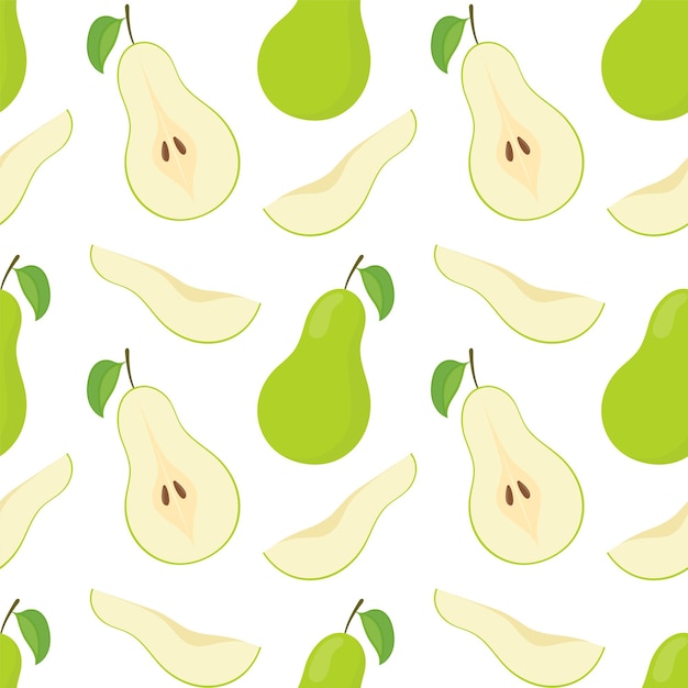 Patrón de fruta Peras y rodajas de peras patrón transparente de vector Piezas brillantes de fruta deliciosa
