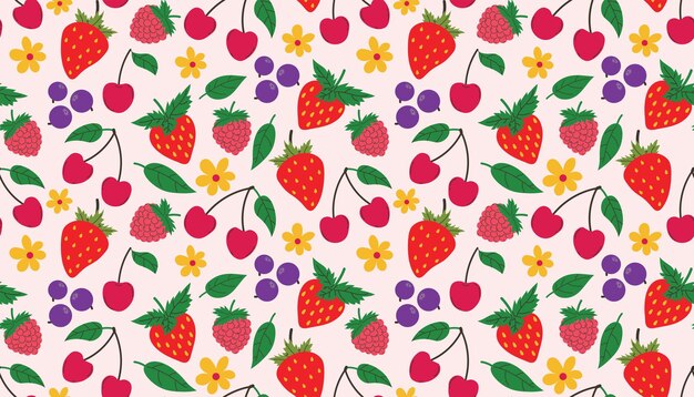Patrón frutal vibrante con fresas de dibujos animados frambuesas arándanos cerezas flores