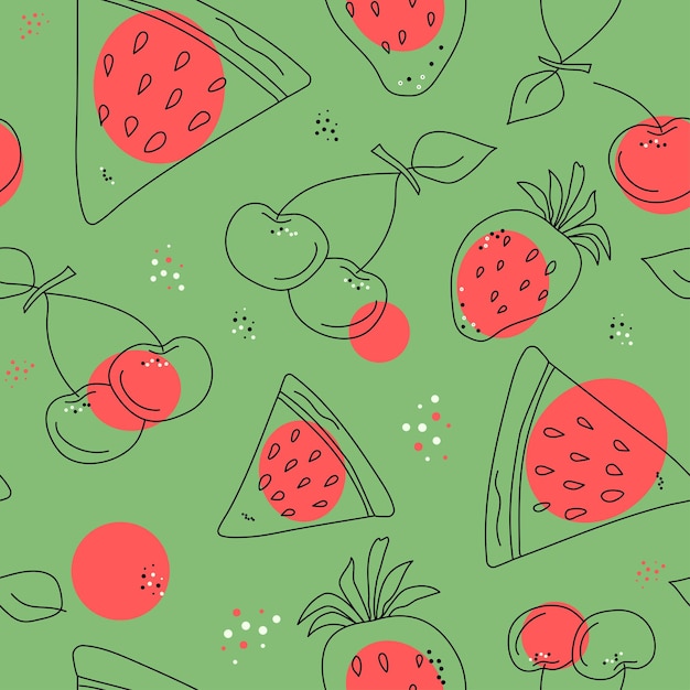 Patrón de frutas abstractas. Dibujo de bayas. Fresas, sandía y cerezas. Estilo garabato. ilustración vectorial