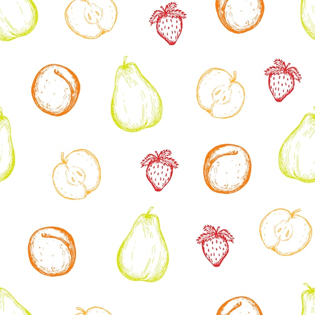 Patrón de frutas Bosquejo de cosecha dibujado a mano aislado Frutas y bayas deliciosa compota