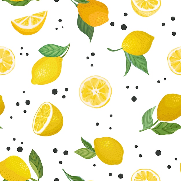 Patrón de frutas sin fisuras con limones, hojas, flores de fondo. Ilustración de vector dibujado a mano en estilo acuarela