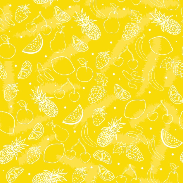 Patrón de frutas en fondo amarillo estilo doodle. Ilustración de vector de mano dibujar.