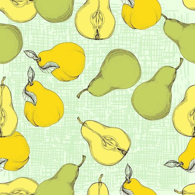 Patrón de frutas Patrón sin costuras de peras y hojas El ambiente tropical de verano con frutas crea un patrón sin costuras para telas y textiles modernos