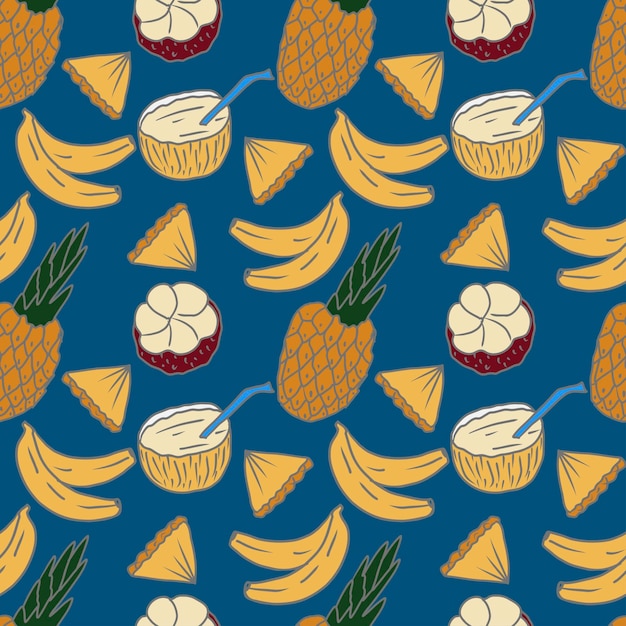Patrón de frutas tropicales sin costuras vectorial dibujado a mano de frutas tropical frescas y jugosas de fondo