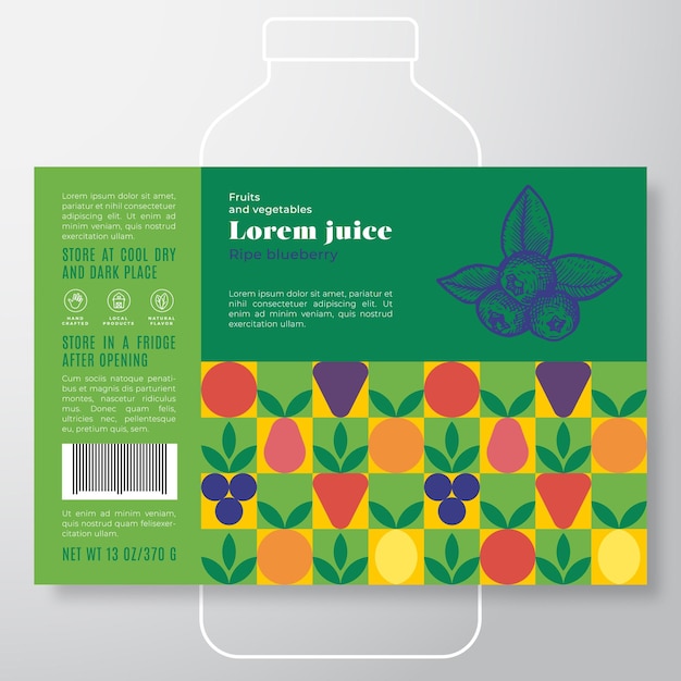 Vector patrón de frutas y verduras plantilla de etiqueta de jugo vector abstracto diseño de empaque diseño tipografía moderna banner con arándano dibujado a mano con fondo de silueta de hojas