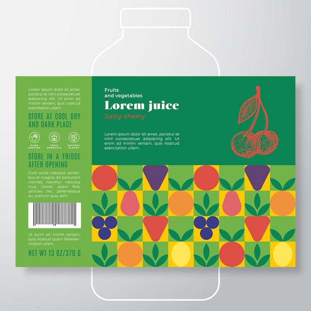 Patrón de frutas y verduras Plantilla de etiqueta de jugo Vector abstracto Diseño de empaque Diseño Tipografía moderna Banner con fondo de silueta de cereza dibujada a mano