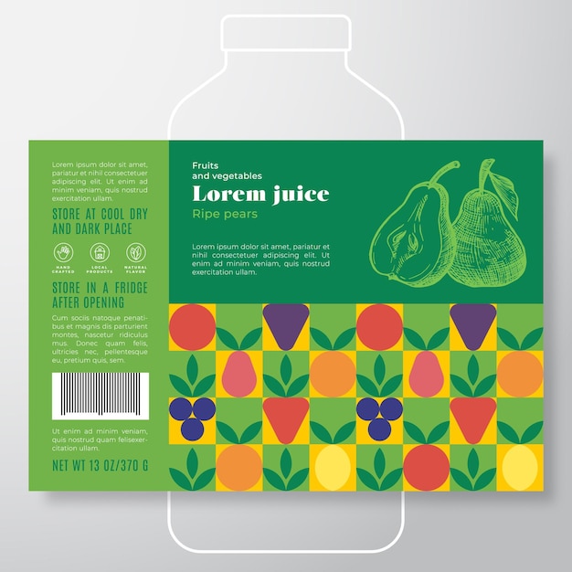 Vector patrón de frutas y verduras plantilla de etiqueta de jugo vector abstracto diseño de empaque diseño tipografía moderna banner con pera dibujada a mano con un fondo de silueta de rebanada