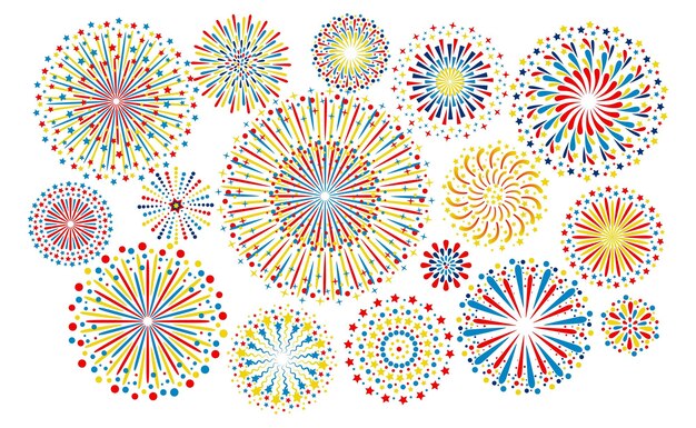 Patrón de fuegos artificiales año nuevo fondo festivo adorno de fiesta Navidad o noche de cumpleaños evento luces explosión de vacaciones conjunto abstracto forma de estrella de carnaval Ilustración aislada vectorial