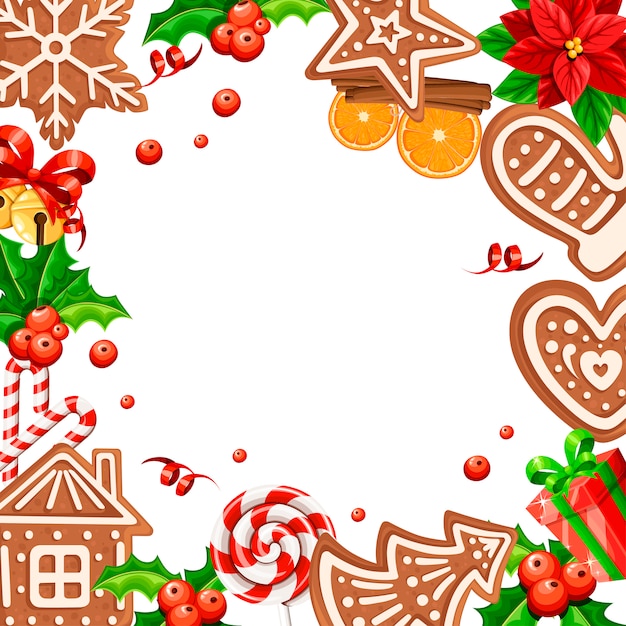Patrón de galletas de jengibre. Concepto de Navidad para tarjeta de saludos. ilustración sobre fondo blanco. Espacio vacío en el centro