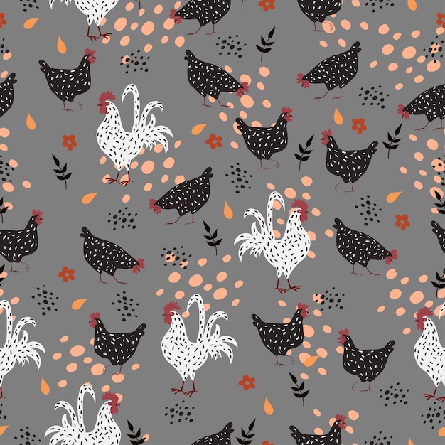 Patrón con gallinas y gallos sobre un fondo gris.