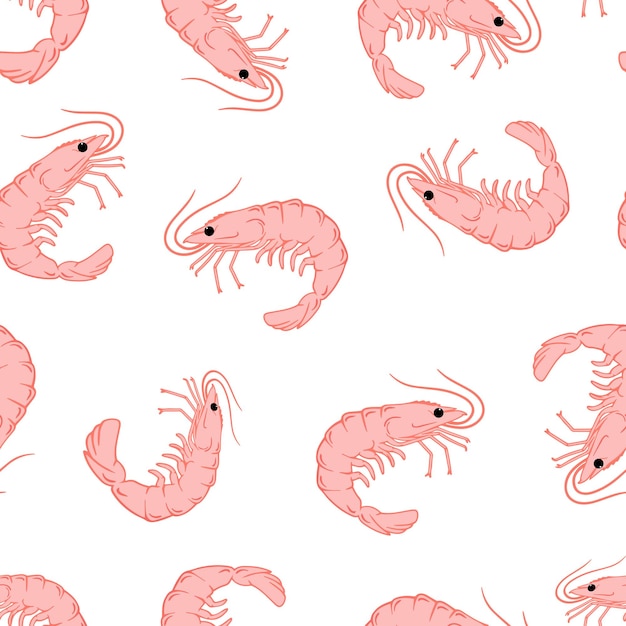 Patrón de gamba rosa Patrón de vector dibujado a mano sin costuras Concepto de mariscos Patrón de comida mediterránea Diseño de textura de mariscos para banner web e impresión