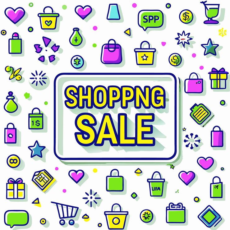 Vector patrón de garabateo colorido con texto de venta de compras y bolsas de compras corazones estrellas y regalos en fondo blanco
