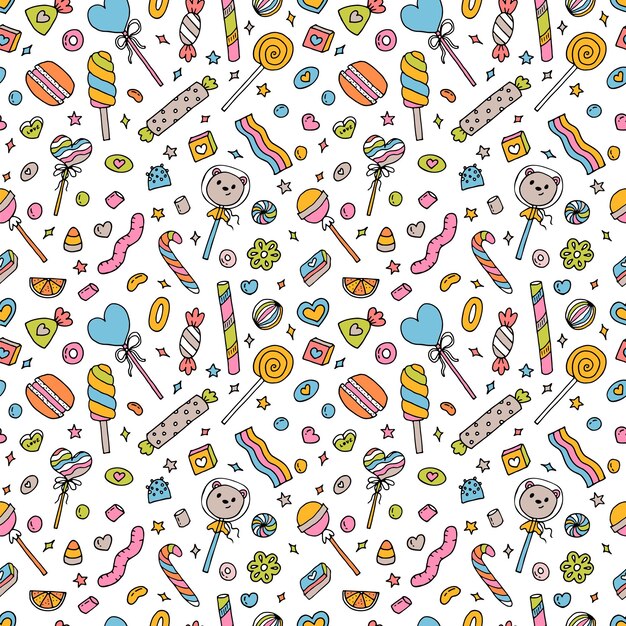 Patrón de garabateo sin costuras con dulces, dulces y piruletas Fondo dibujado a mano Ideal para papel de embalaje textil