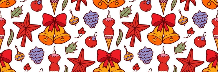 Vector patrón de garabateo navideño fondo horizontal con juguetes de árbol de navidad arcos campanas estrella de abeto
