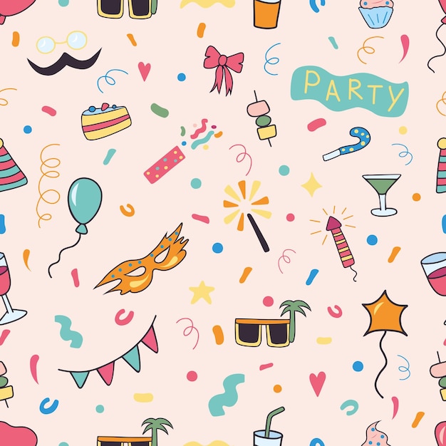 Patrón de garabato colorido sin costuras dibujado a mano con tema de fiesta. Textura para envolver y textil.