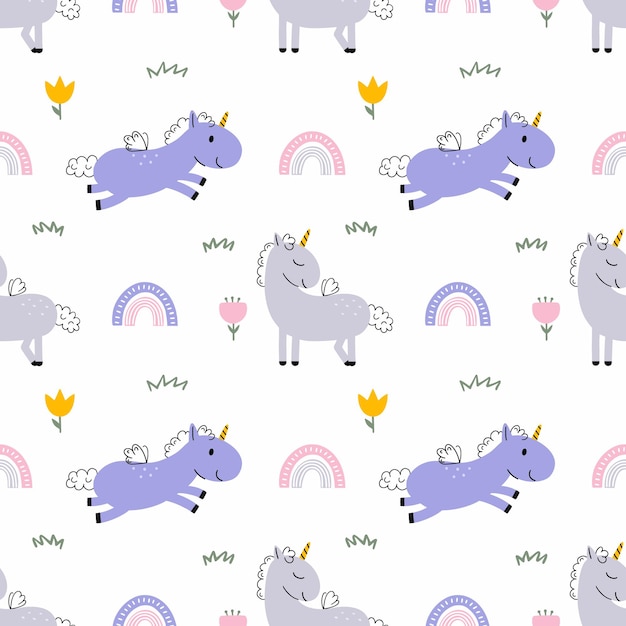 Patrón de garabato sin costuras Lindo unicornio y arco iris Pony camina por el campo con flores Fondo para imprimir en tela y papel de regalo