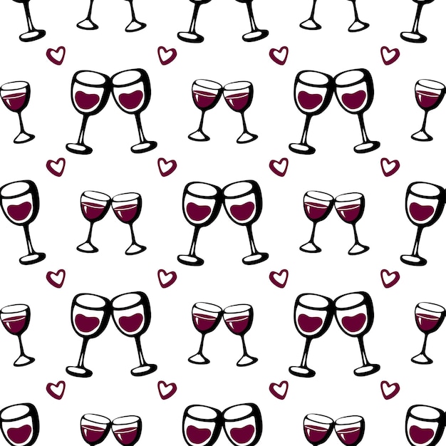 Patrón de garabato sin costuras con un par de vítores copa de vino aislado en la parte posterior Ilustración de dibujo vectorial