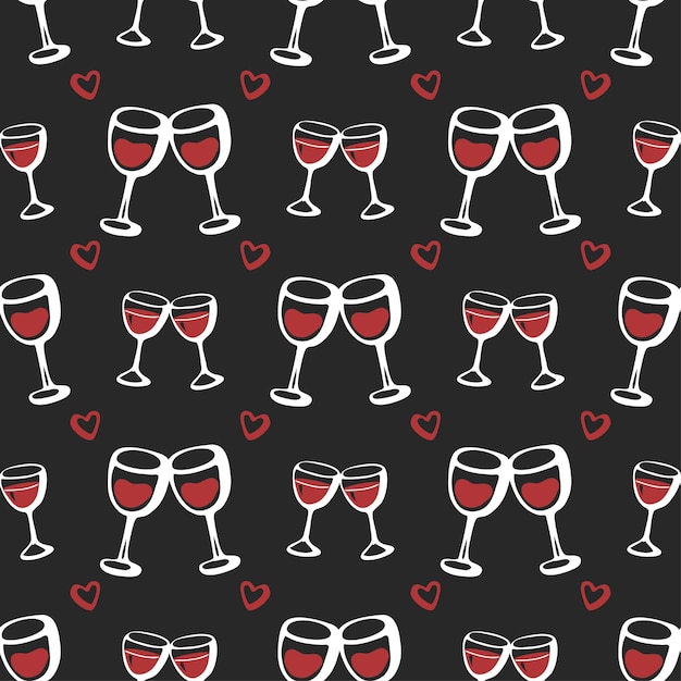 Patrón de garabato sin costuras con un par de vítores copa de vino sobre fondo negro Ilustración vectorial