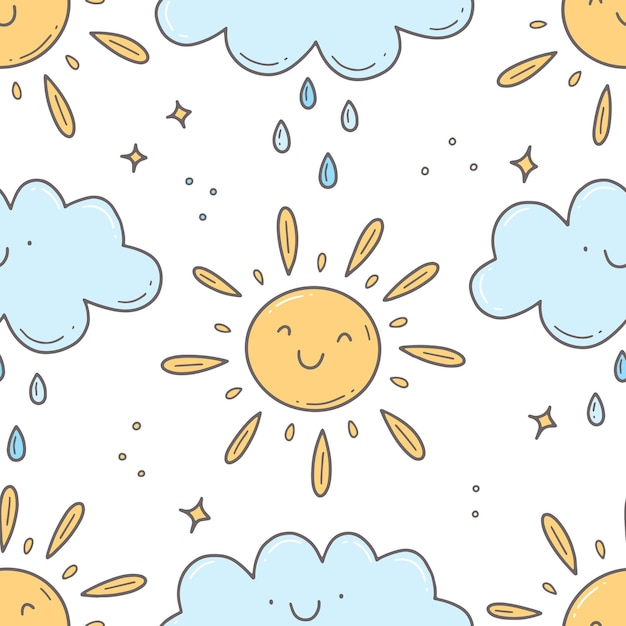 Patrón de garabato sin costuras de primavera con sol y nubes Fondo de ilustración vectorial
