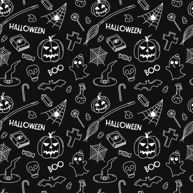 Patrón de garabato de Halloween Ilustración de repetición de garabatos en blanco y negro vectorial Fondo oscuro sin costuras de Halloween con símbolos de vacaciones de otoño jack linternas atributos de bruja fantasma Elemento dibujado a mano
