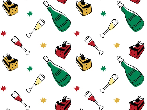 patrón de garabatos blanco y negro sin costura festivo con una botella de vasos de vino de champán y un pastel