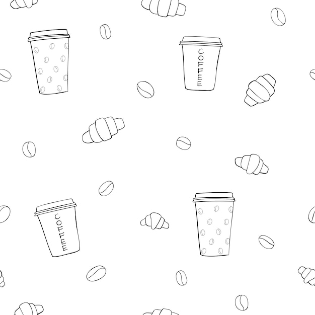 Patrón de garabatos sin costuras con comida. Fondo de café y croissants Ilustración vectorial premium