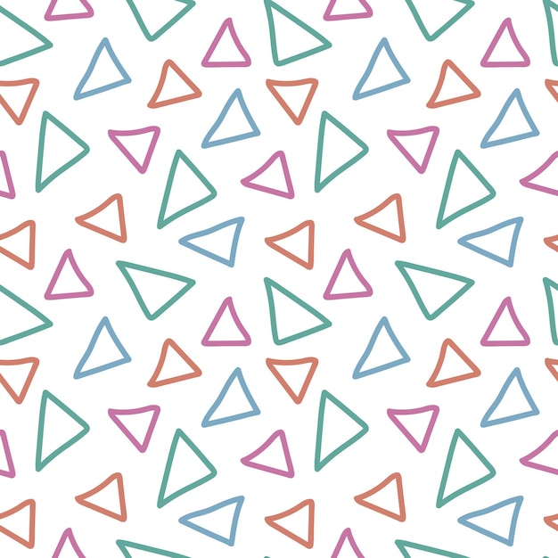 Patrón de garabatos geométricos sin costura de formas triangulares de colores sobre un fondo blanco