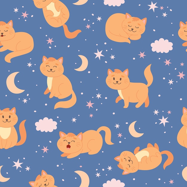 Patrón de gato con estrellas lunares y nubes Lindo personaje de gato jengibre en estilo de dibujos animados