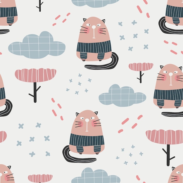 Patrón de gato lindo - diseño de patrones sin fisuras gatito infantil dibujado a mano