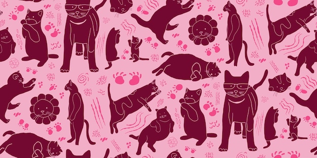 Patrón de gato patrón sin costuras dibujado a mano Magenta Pink Half Drop Brick method